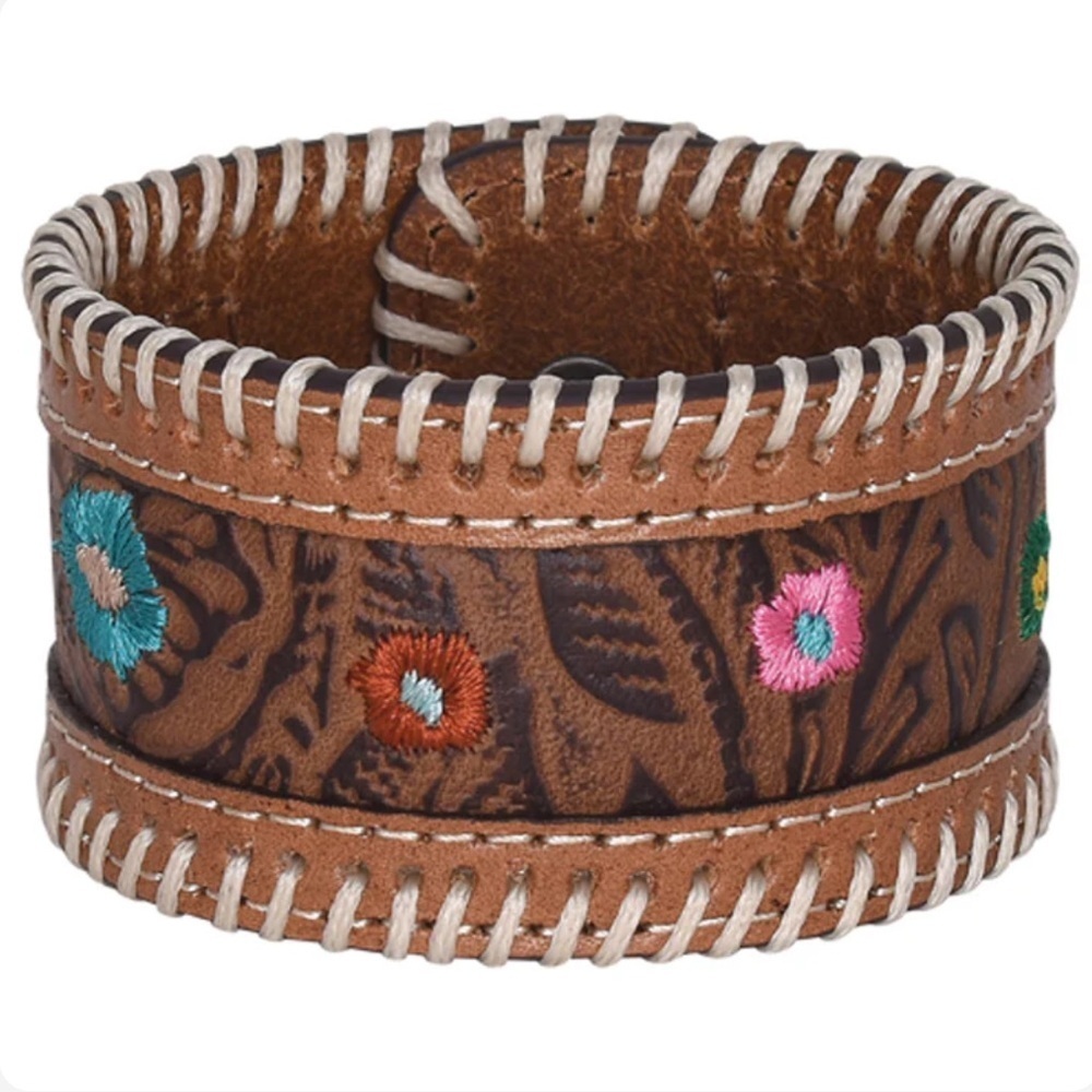 Justin Bracelet Brown Tooled Leather Cuff With Embroidery Brand New